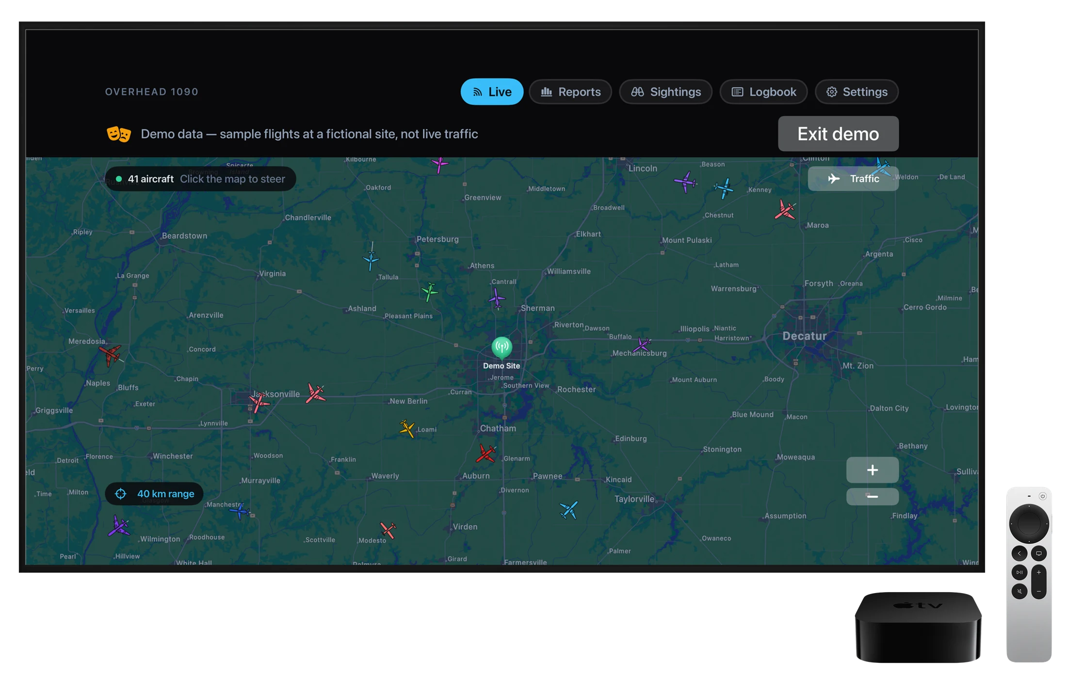 Overhead 1090 on a television with Apple TV 4K: a full-screen dark map with sample aircraft, floating traffic button and zoom controls