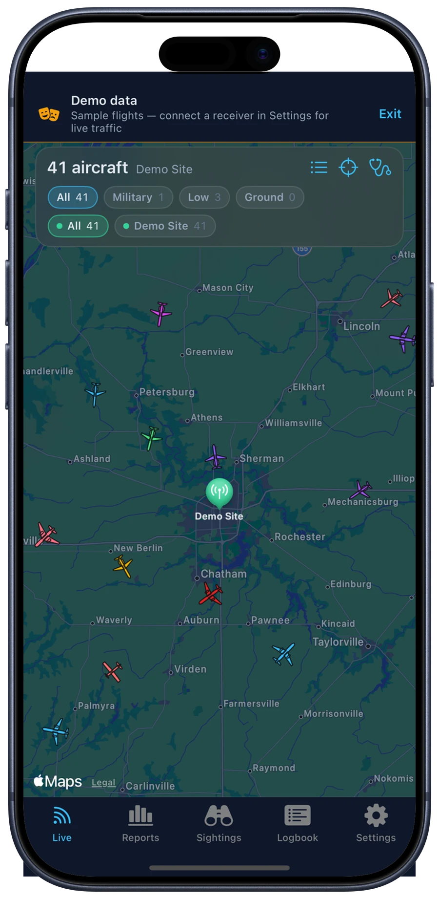 Overhead 1090 on iPhone: sample aircraft on a dark map around a demo receiver site, with military, low-altitude and ground filters