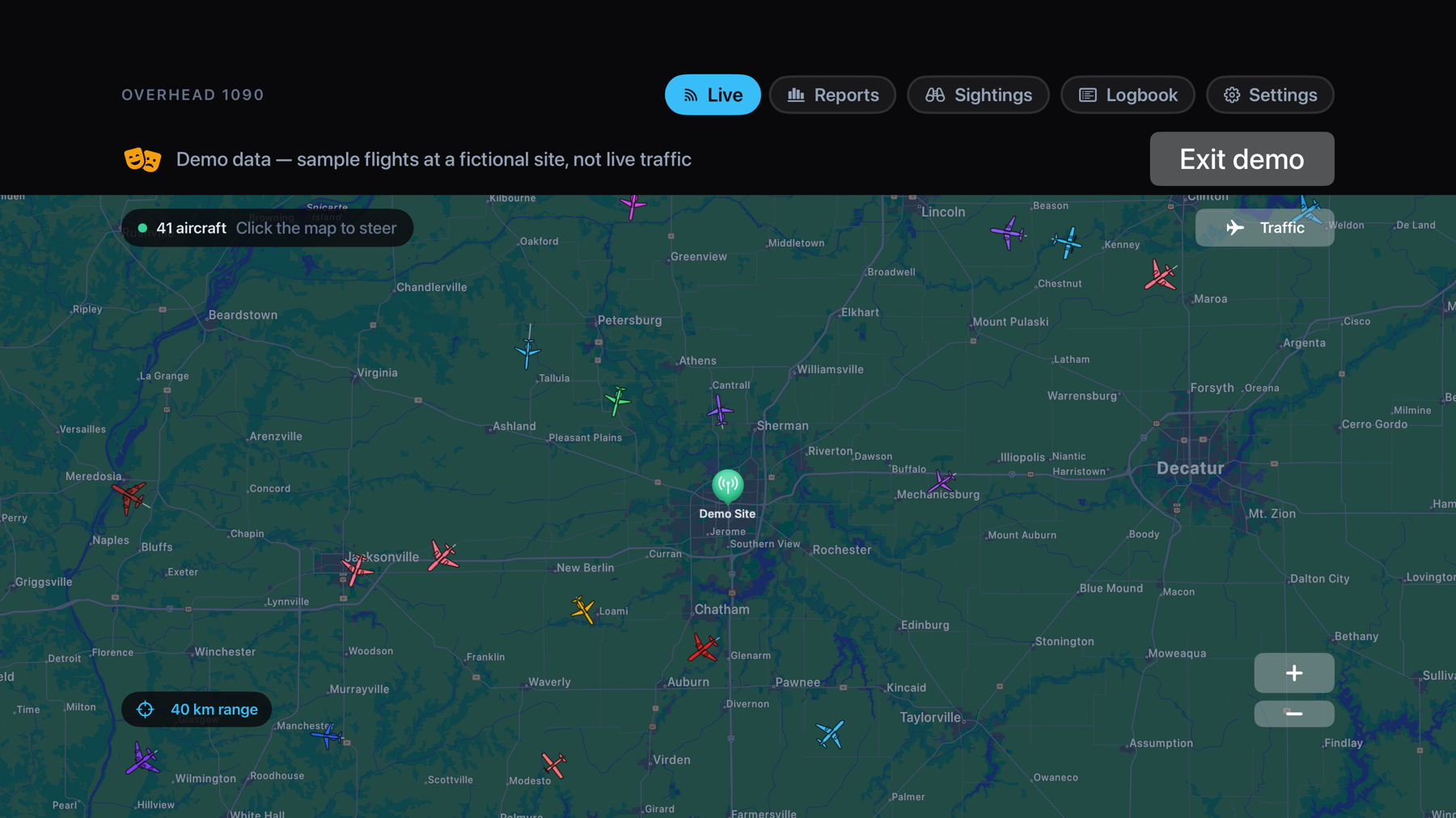 Overhead 1090 on Apple TV: a full-screen dark map with aircraft icons, range rings, a floating traffic list and zoom controls
