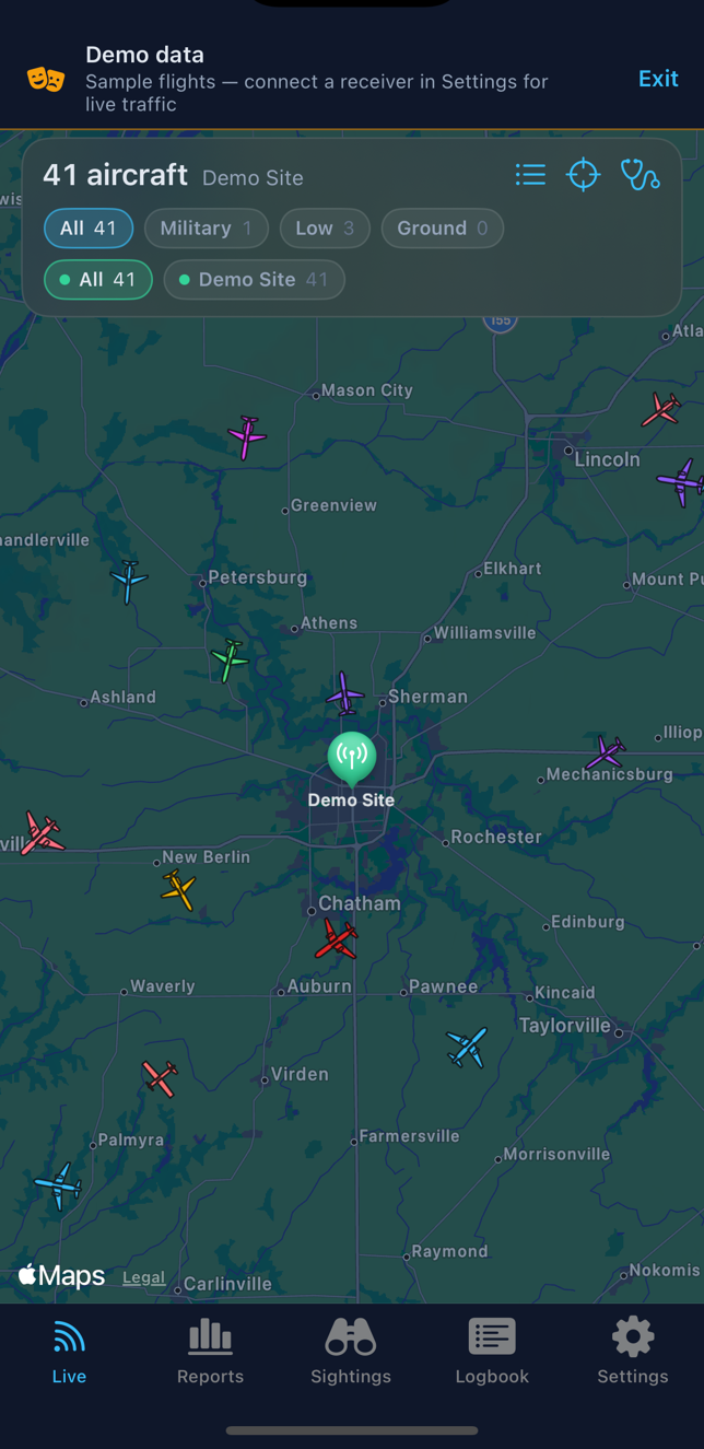 Overhead 1090 iOS app tracking 52 live aircraft on a dark map around two home receivers, with military, low-altitude, and per-receiver filters